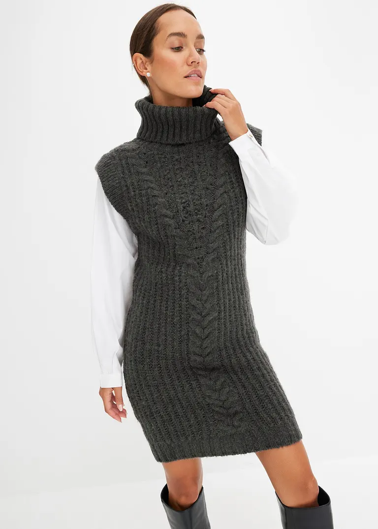 bonprix modisches Strickkleid mit Blusenärmeln und Zopfmuster. - grau Begrenzte Freigabe