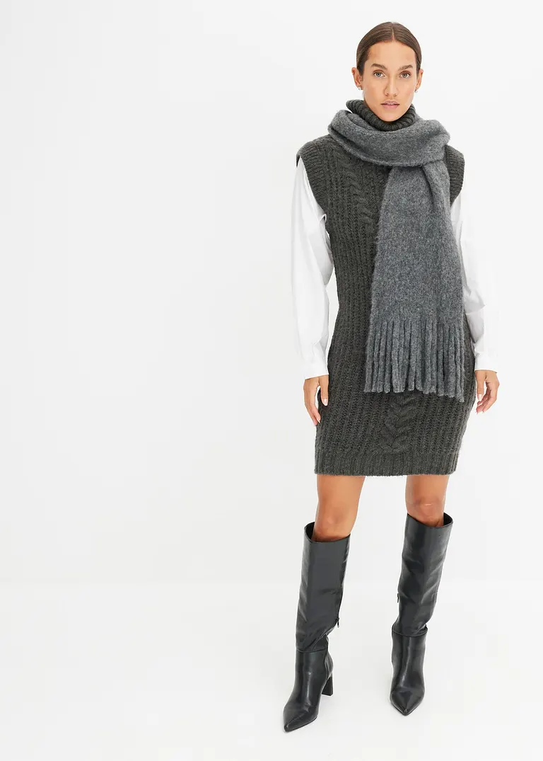 bonprix modisches Strickkleid mit Blusenärmeln und Zopfmuster. - grau Begrenzte Freigabe