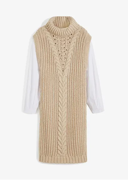 bonprix modisches Strickkleid mit Blusenärmeln und Zopfmuster. - beige Letzte 3 Tage