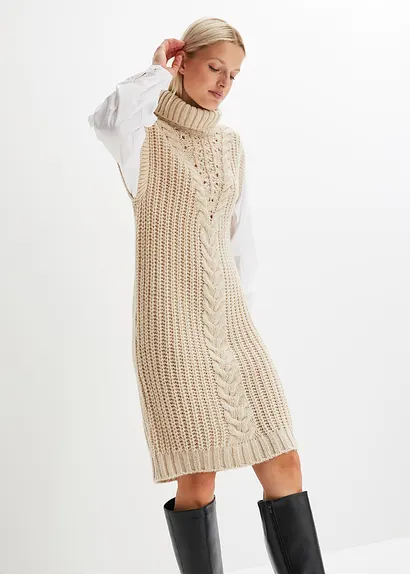 bonprix modisches Strickkleid mit Blusenärmeln und Zopfmuster. - beige Letzte 3 Tage