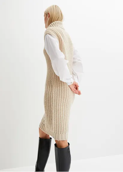 bonprix modisches Strickkleid mit Blusenärmeln und Zopfmuster. - beige Letzte 3 Tage