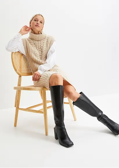 bonprix modisches Strickkleid mit Blusenärmeln und Zopfmuster. - beige Letzte 3 Tage