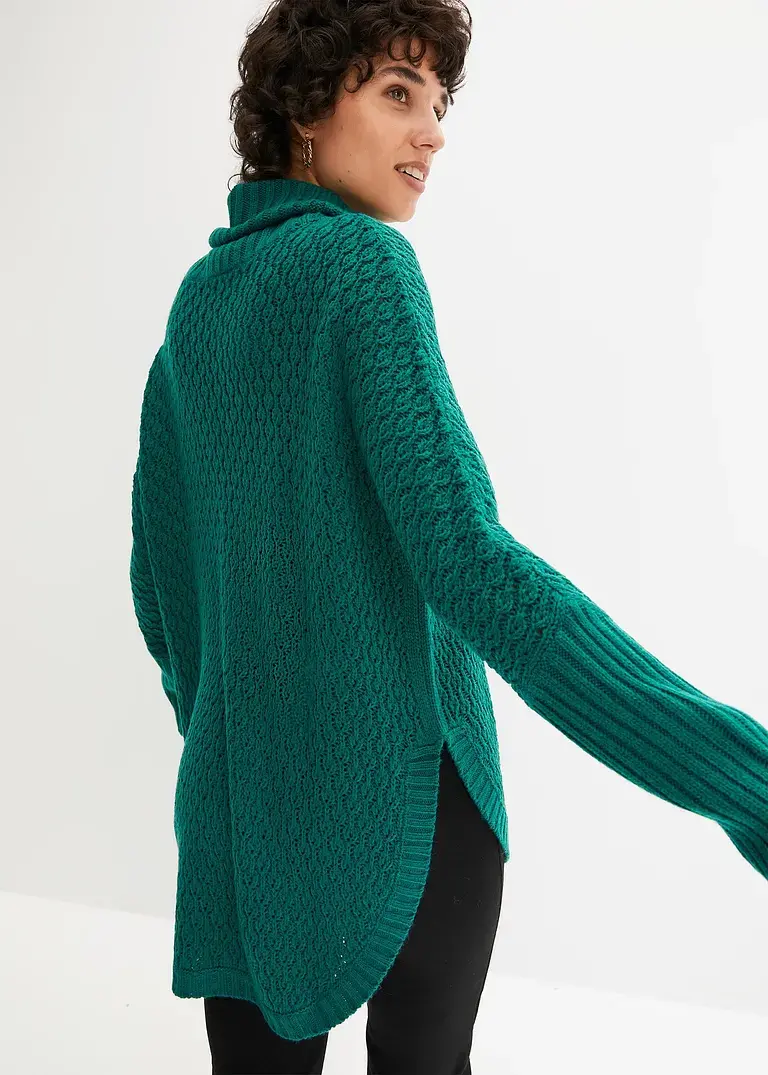 bonprix Modischer Oversize-Pullover mit Ajour-Muster sowie einem großen Rollkragen und zwei seitlichen Schlitzen Neueste Stile