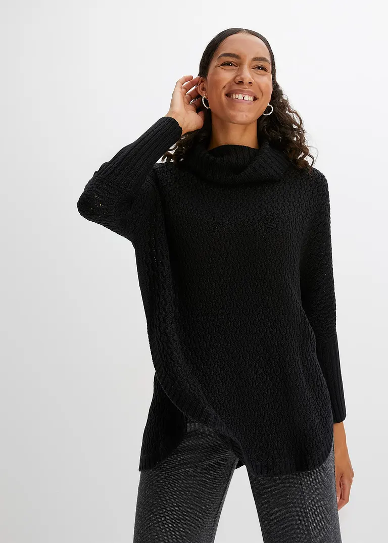 bonprix Modischer Oversize-Pullover mit Ajour-Muster sowie einem großen Rollkragen und zwei seitlichen Schlitzen Letzter Tag