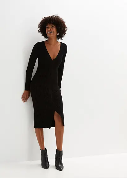 bonprix Feminines figurbetontes Strickkleid mit Schlitz - schwarz - Damen Zeitbegrenzte Promotion