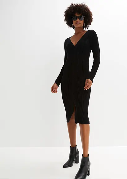 bonprix Feminines figurbetontes Strickkleid mit Schlitz - schwarz - Damen Zeitbegrenzte Promotion
