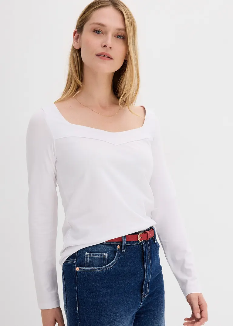 bonprix Langarm-Shirt mit modischem Ausschnitt - weiß - Damen Bis zu 60% Rabatt