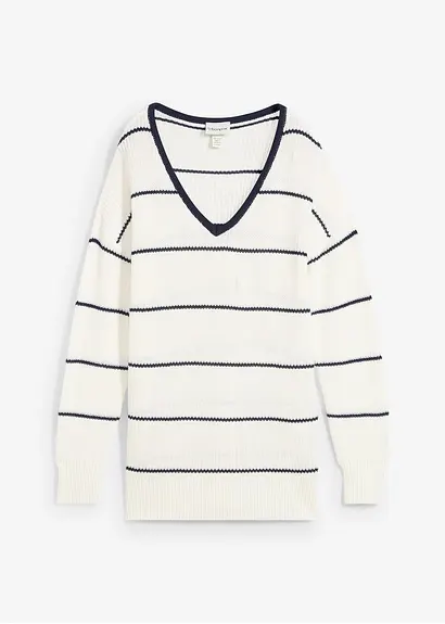 bonprix Pullover mit Allover Streifen-Dessin und V-Ausschnitt - weiß Nur für heute