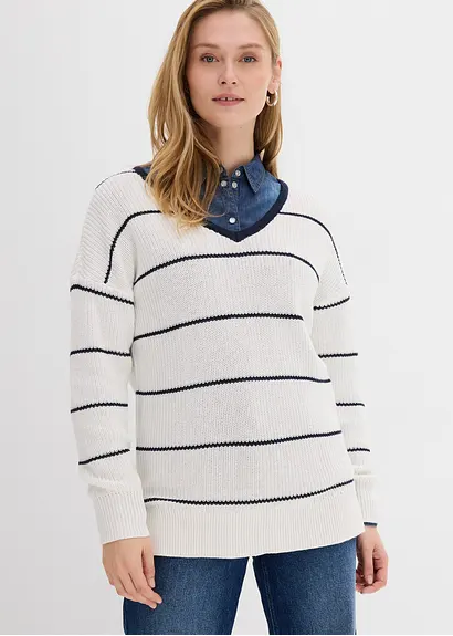 bonprix Pullover mit Allover Streifen-Dessin und V-Ausschnitt - weiß Nur für heute