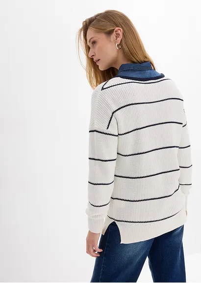 bonprix Pullover mit Allover Streifen-Dessin und V-Ausschnitt - weiß Nur für heute