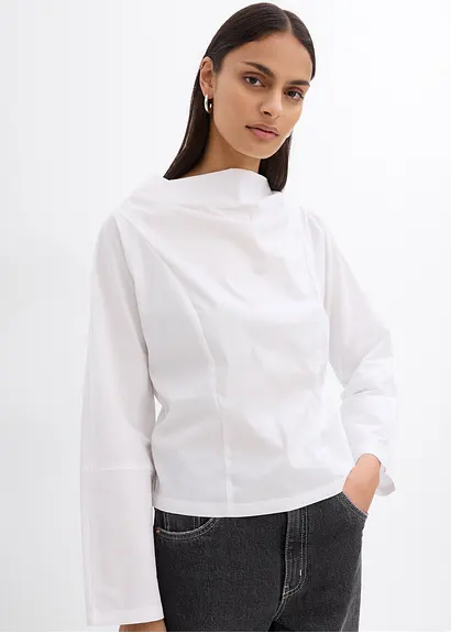 bonprix Popeline Bluse mit Wasserfall-Ausschnitt und seitlichem Reißverschluss zur Weitenregulierung zollfrei