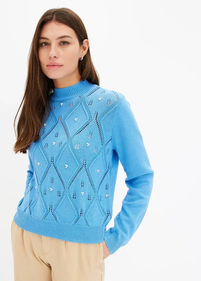 bonprix Kuscheliger Pullover mit Ajourmuster und Perlen - blau 2025