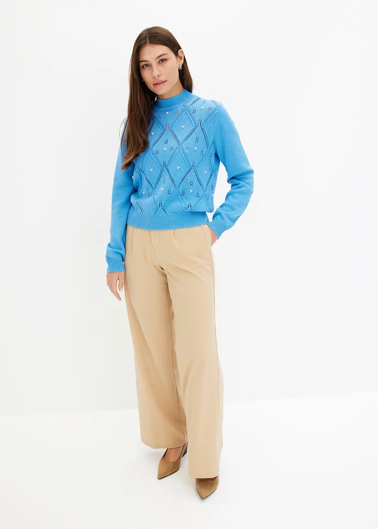 bonprix Kuscheliger Pullover mit Ajourmuster und Perlen - blau 2025