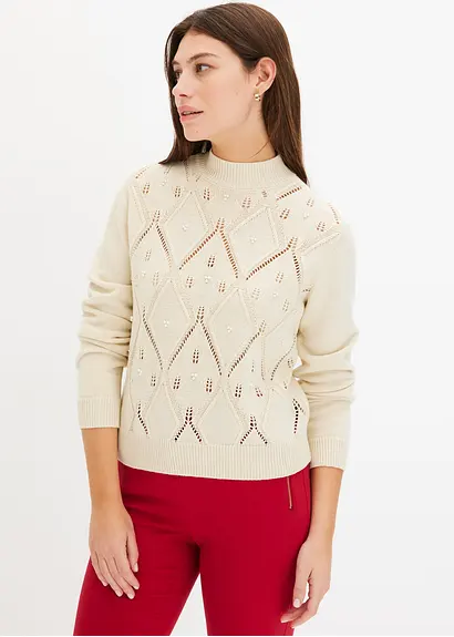 bonprix Kuscheliger Pullover mit Ajourmuster und Perlen - beige Online