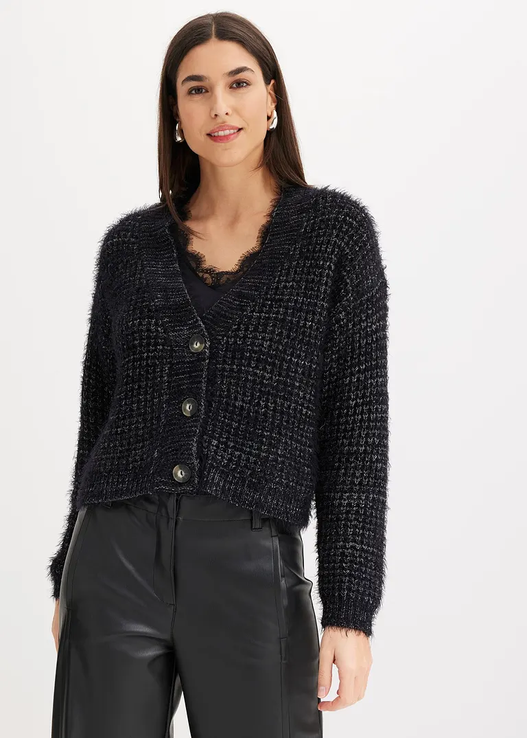 bonprix elegante Strickjacke mit Bändchengarn - schwarz - Damen im Angebot