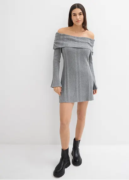 bonprix Modernes kurz geschnittenes Carmen-Kleid aus Strick - grau Sonderangebot