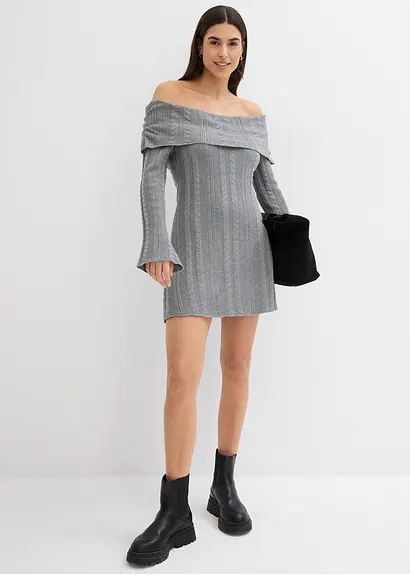 bonprix Modernes kurz geschnittenes Carmen-Kleid aus Strick - grau Sonderangebot