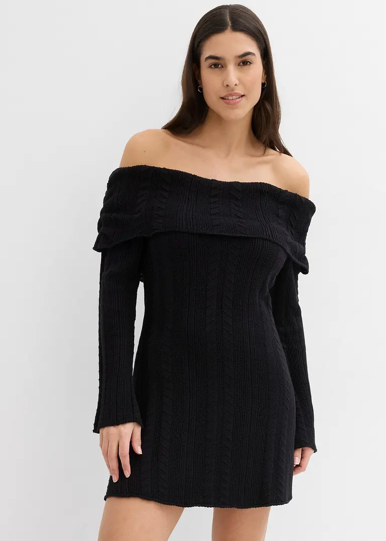 bonprix Modernes kurz geschnittenes Carmen-Kleid aus Strick - schwarz Rabatt