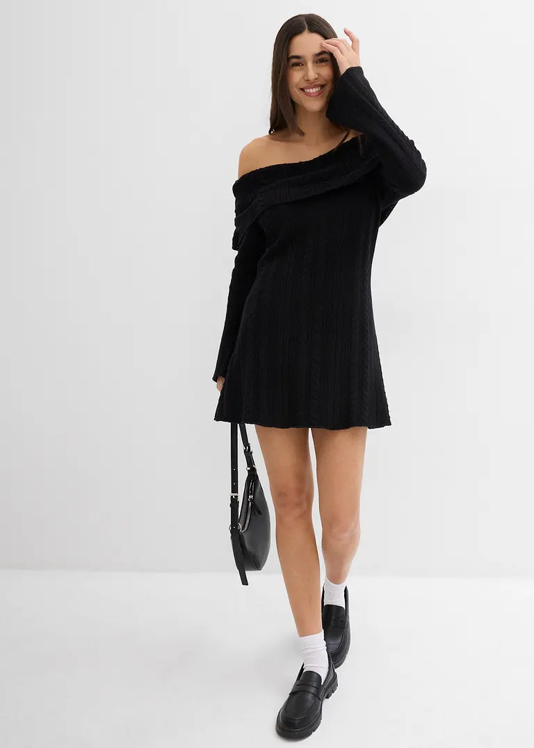 bonprix Modernes kurz geschnittenes Carmen-Kleid aus Strick - schwarz Rabatt