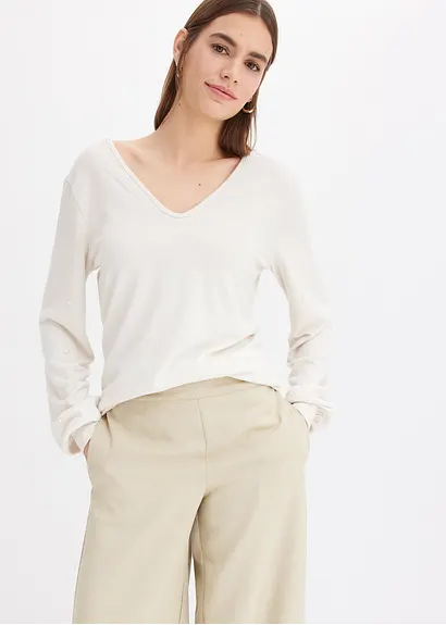 bonprix Kuscheliges Shirt mit dekorativen Perlen - beige Günstig kaufen