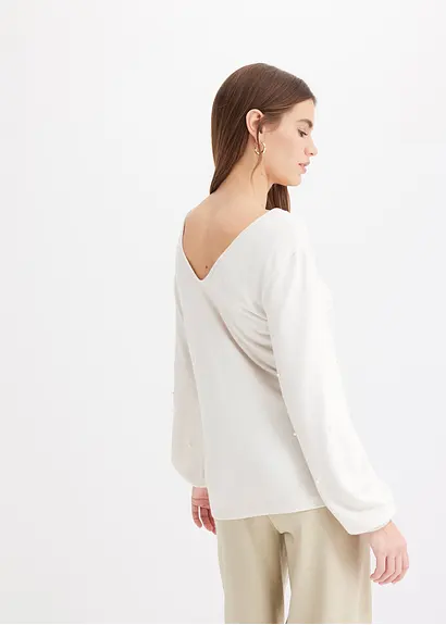 bonprix Kuscheliges Shirt mit dekorativen Perlen - beige Günstig kaufen