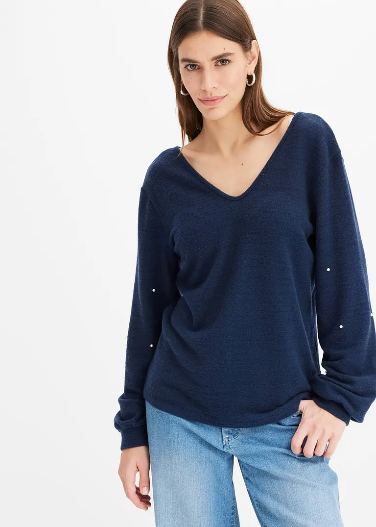 bonprix Kuscheliges Shirt mit dekorativen Perlen - blau - Damen Versandkostenfrei