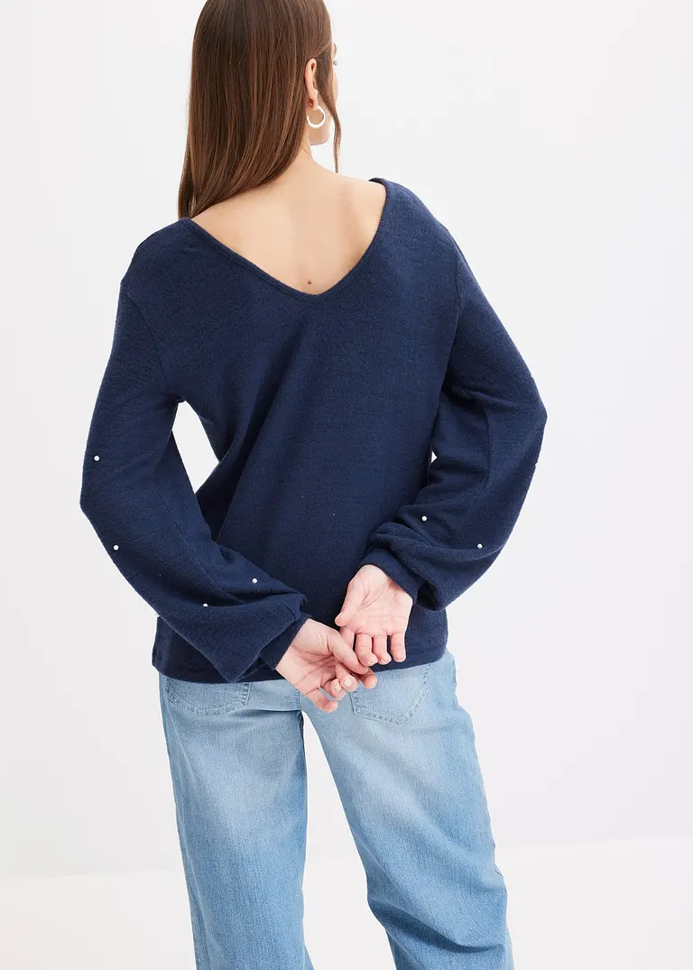 bonprix Kuscheliges Shirt mit dekorativen Perlen - blau - Damen Versandkostenfrei