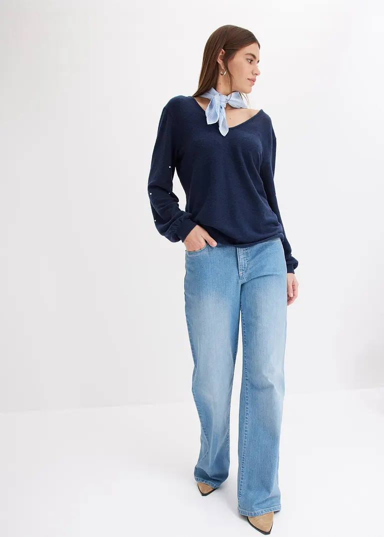 bonprix Kuscheliges Shirt mit dekorativen Perlen - blau - Damen Versandkostenfrei
