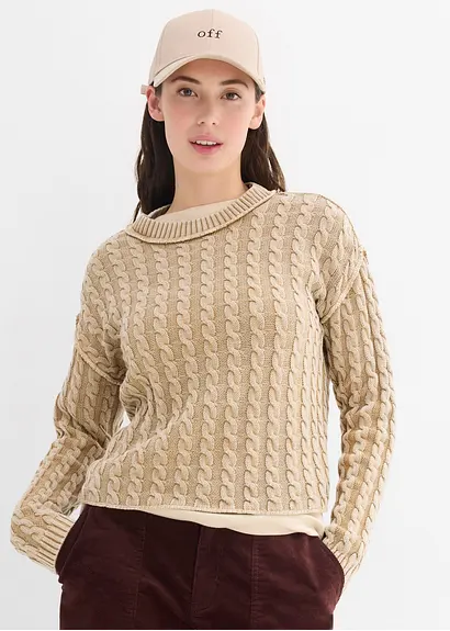 bonprix Kurz geschnittener Strickpullover aus reiner Baumwolle mit Zopfmuster im Washed-Look Großer Ausverkauf