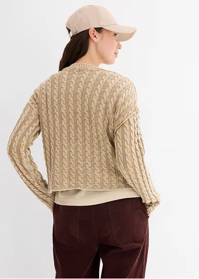 bonprix Kurz geschnittener Strickpullover aus reiner Baumwolle mit Zopfmuster im Washed-Look Großer Ausverkauf