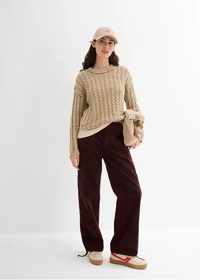bonprix Kurz geschnittener Strickpullover aus reiner Baumwolle mit Zopfmuster im Washed-Look Großer Ausverkauf