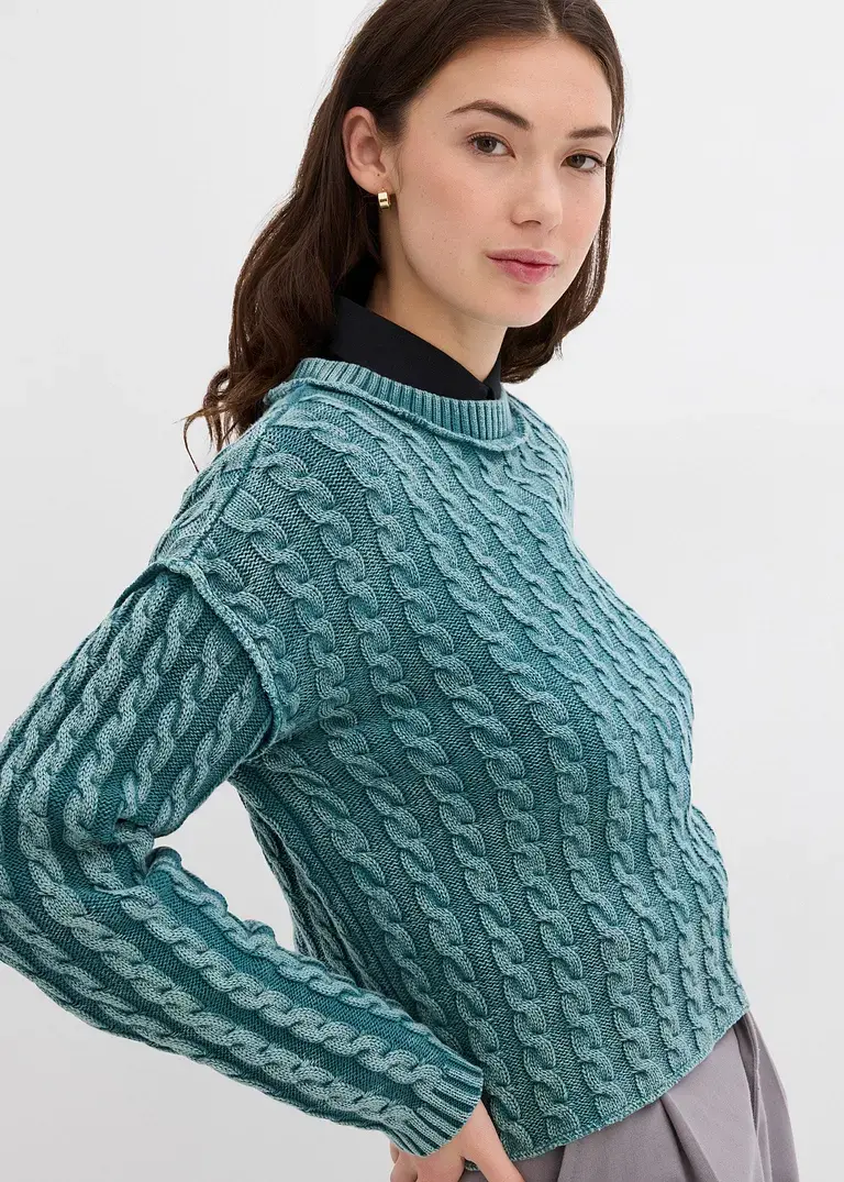 bonprix Kurz geschnittener Strickpullover aus reiner Baumwolle mit Zopfmuster im Washed-Look Flash Sale