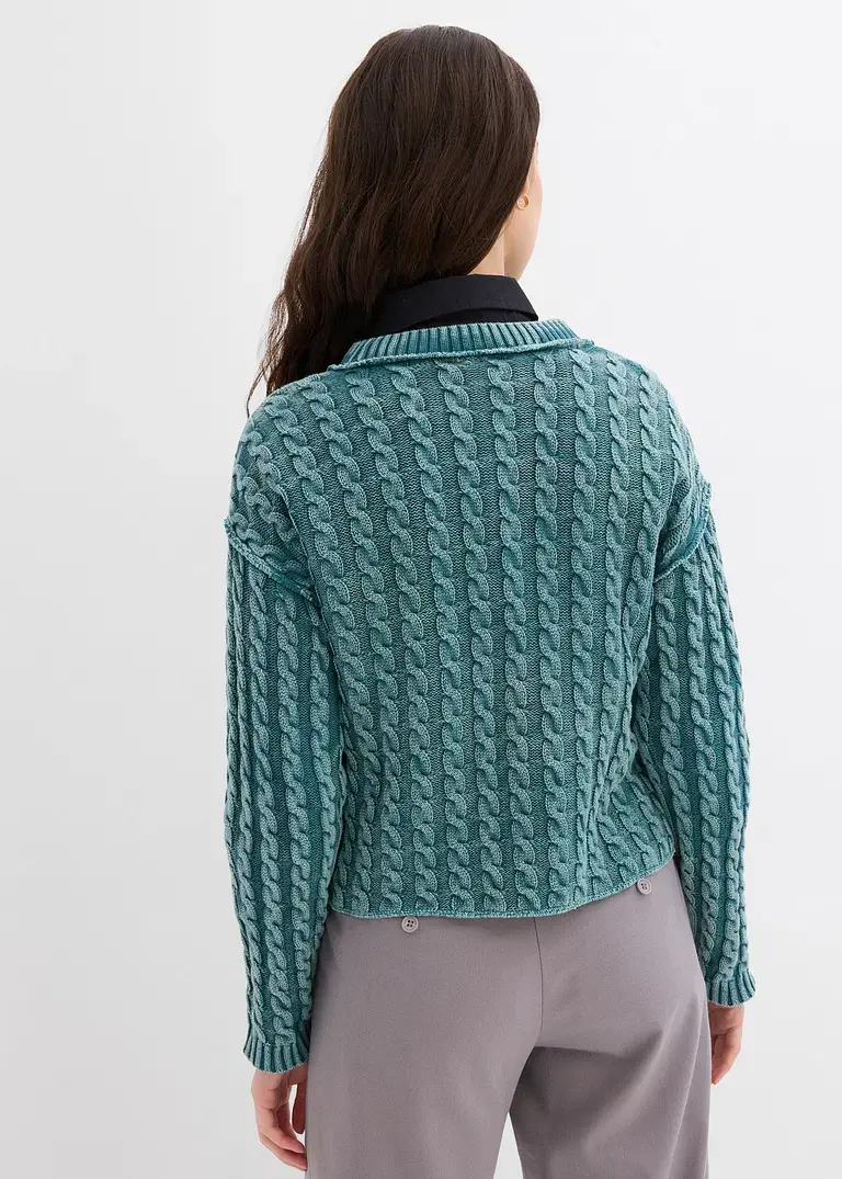 bonprix Kurz geschnittener Strickpullover aus reiner Baumwolle mit Zopfmuster im Washed-Look Flash Sale