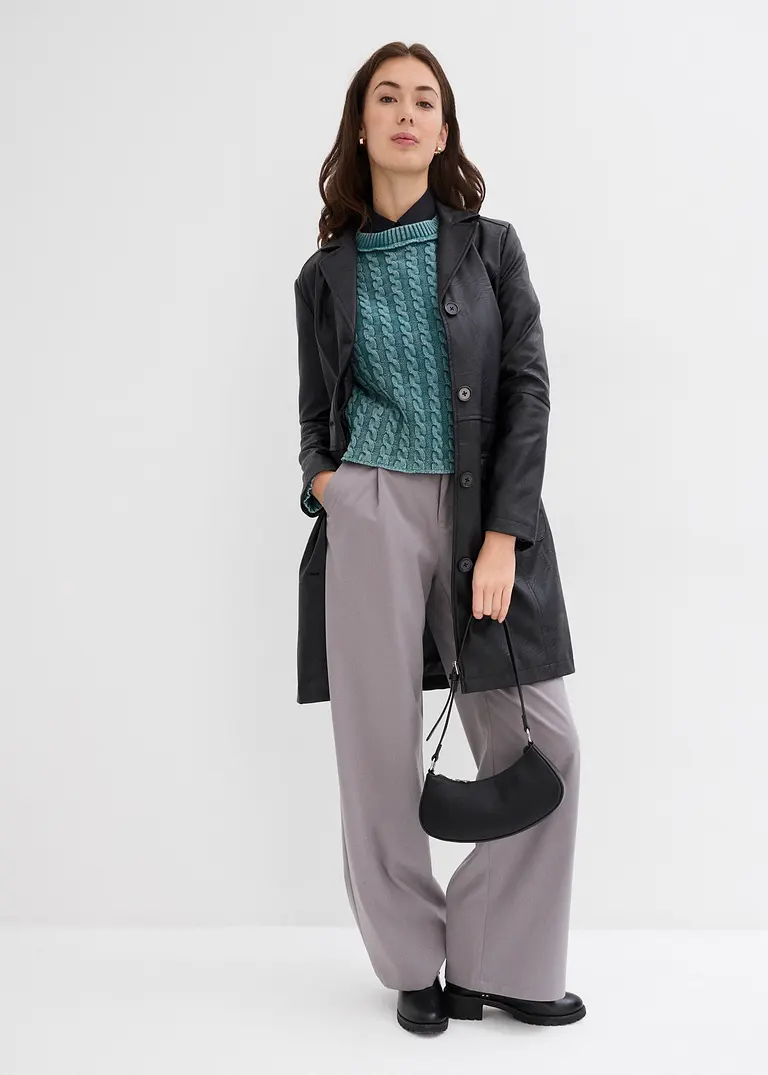 bonprix Kurz geschnittener Strickpullover aus reiner Baumwolle mit Zopfmuster im Washed-Look Flash Sale