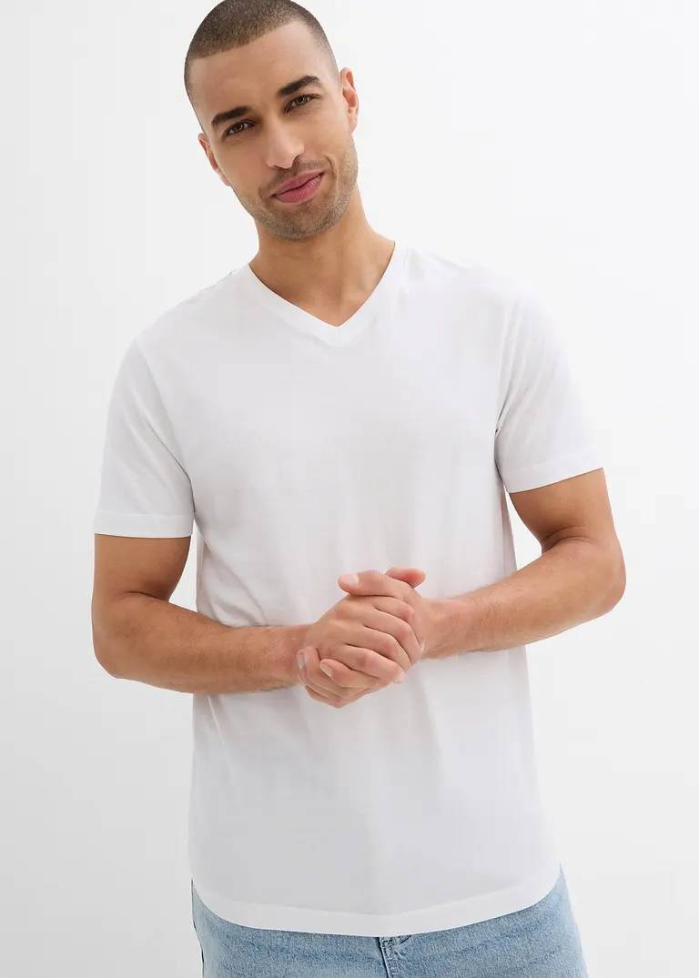 bonprix modernes T-Shirt mit V-Ausschnitt im günstigen Doppelpack - weiß Preisnachlass