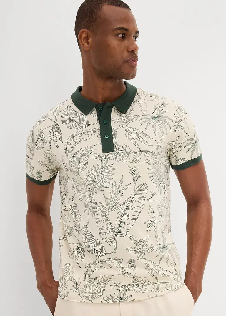 bonprix Modisch bedrucktes Jersey-Poloshirt aus reiner Baumwolle - beige Neuheiten
