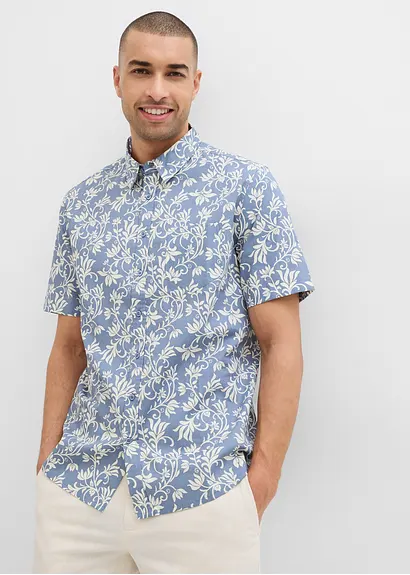 bonprix Leichtes Herren-Kurzarmhemd mit floralem Print - blau Speichern exportieren