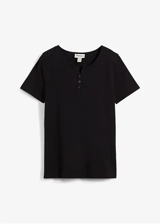 bonprix Schlichts Mädchen T-Shirt mit dekorativer Knopfleiste - schwarz Speichern exportieren