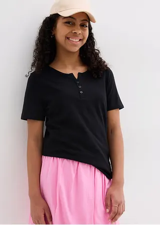 bonprix Schlichts Mädchen T-Shirt mit dekorativer Knopfleiste - schwarz Speichern exportieren