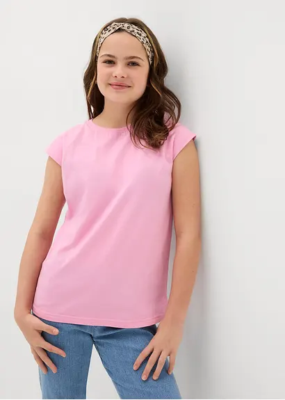bonprix Schlichtes Mädchen Shirt mit kurzen Ärmeln - rosa 50% Rabatt für begrenzte Zeit