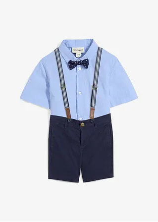 bonprix Cooles Set für Jungen bestehend aus einem Kurzarmhemd einer Chino-Bermuda verstellbaren Hosenträgern und einer gepunkteten Fliege Blitzverkäufe