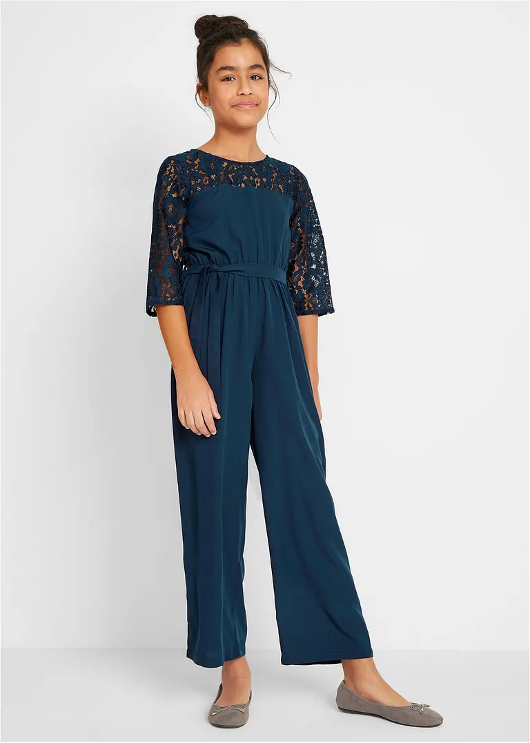 bonprix Toller Mädchen Overall mit Spitze und Stoffgürtel - blau - Kinder Zeitlich begrenztes Angebot