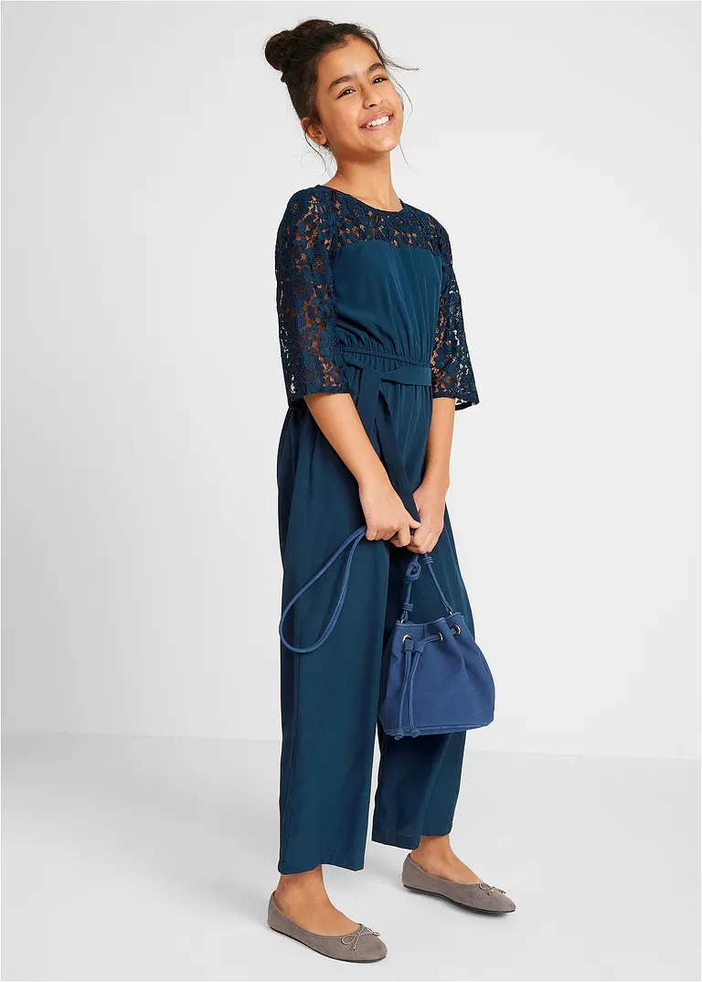 bonprix Toller Mädchen Overall mit Spitze und Stoffgürtel - blau - Kinder Zeitlich begrenztes Angebot
