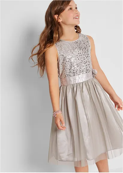 bonprix Festliches Mädchen Kleid mit dekorativen Details - silber Räumungsverkauf