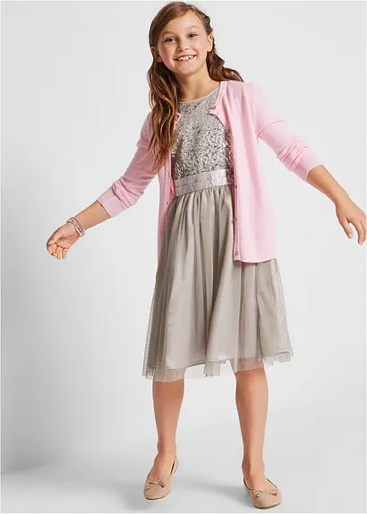 bonprix Festliches Mädchen Kleid mit dekorativen Details - silber Räumungsverkauf
