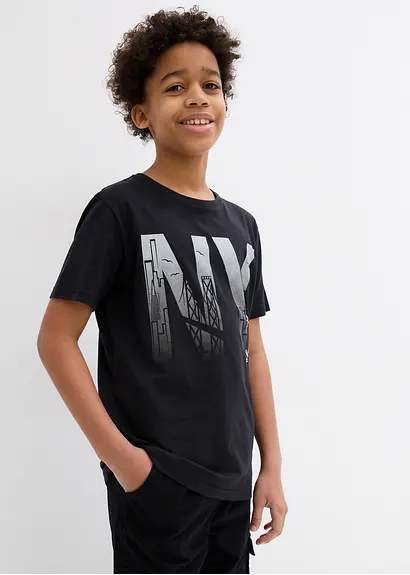 bonprix Cooles Jungen T-Shirt mit großem Druck vorne - schwarz Sonderangebote