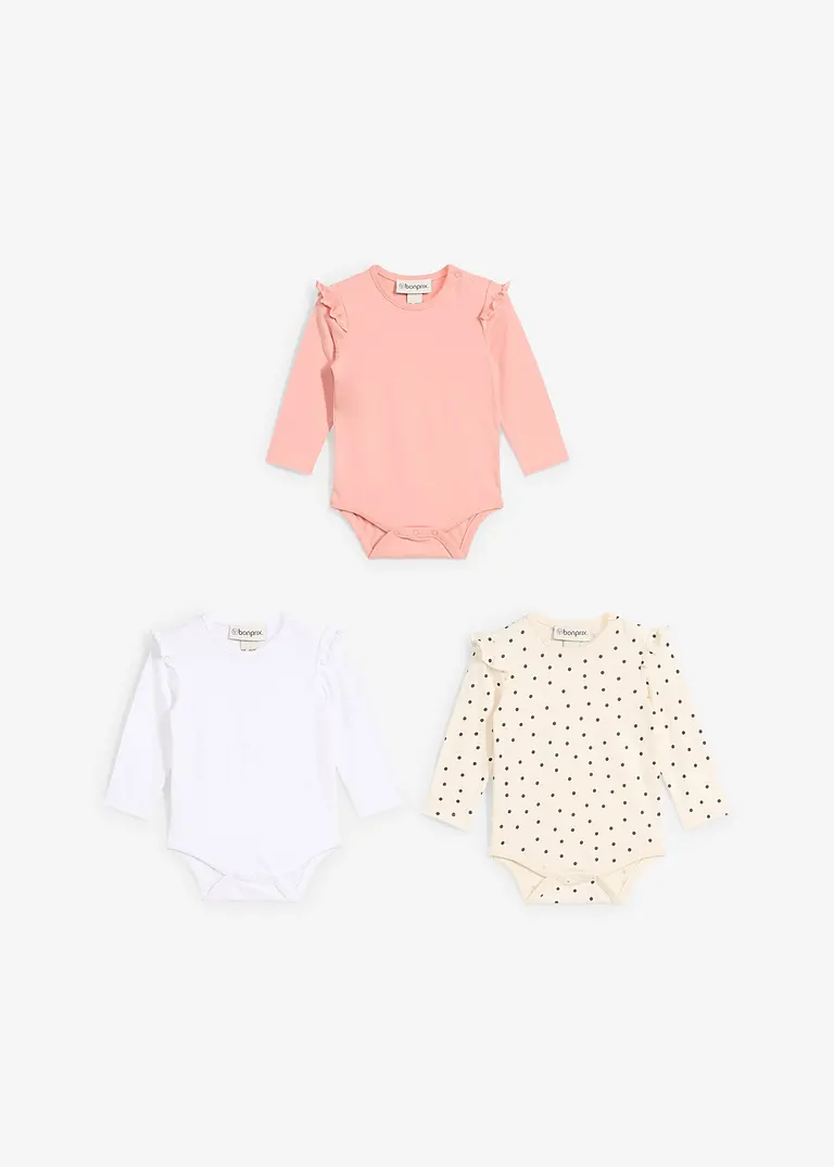 bonprix 3er Packung Baby Bodies mit Rüschen und Knöpfen an der Schulter und im Schritt Exklusivangebot