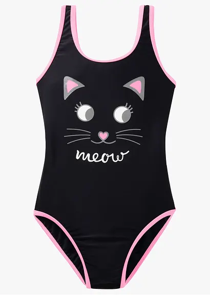 bonprix Toller Badeanzug mit Katzen-Motiv - schwarz - Kinder