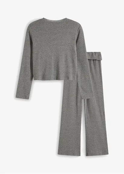 bonprix Mädchen Langarmshirt mit Spitze am Ausschnitt und mit bequemer ausgestellter Hose (2-tlg. Set) Begrenzt auf 3 Tage
