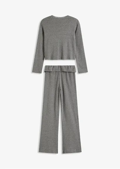 bonprix Mädchen Langarmshirt mit Spitze am Ausschnitt und mit bequemer ausgestellter Hose (2-tlg. Set) Begrenzt auf 3 Tage